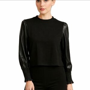 Bagatelli Black Top With Faux Patent Leather Smocked Cuffs Puffed Sleeves Sz Med